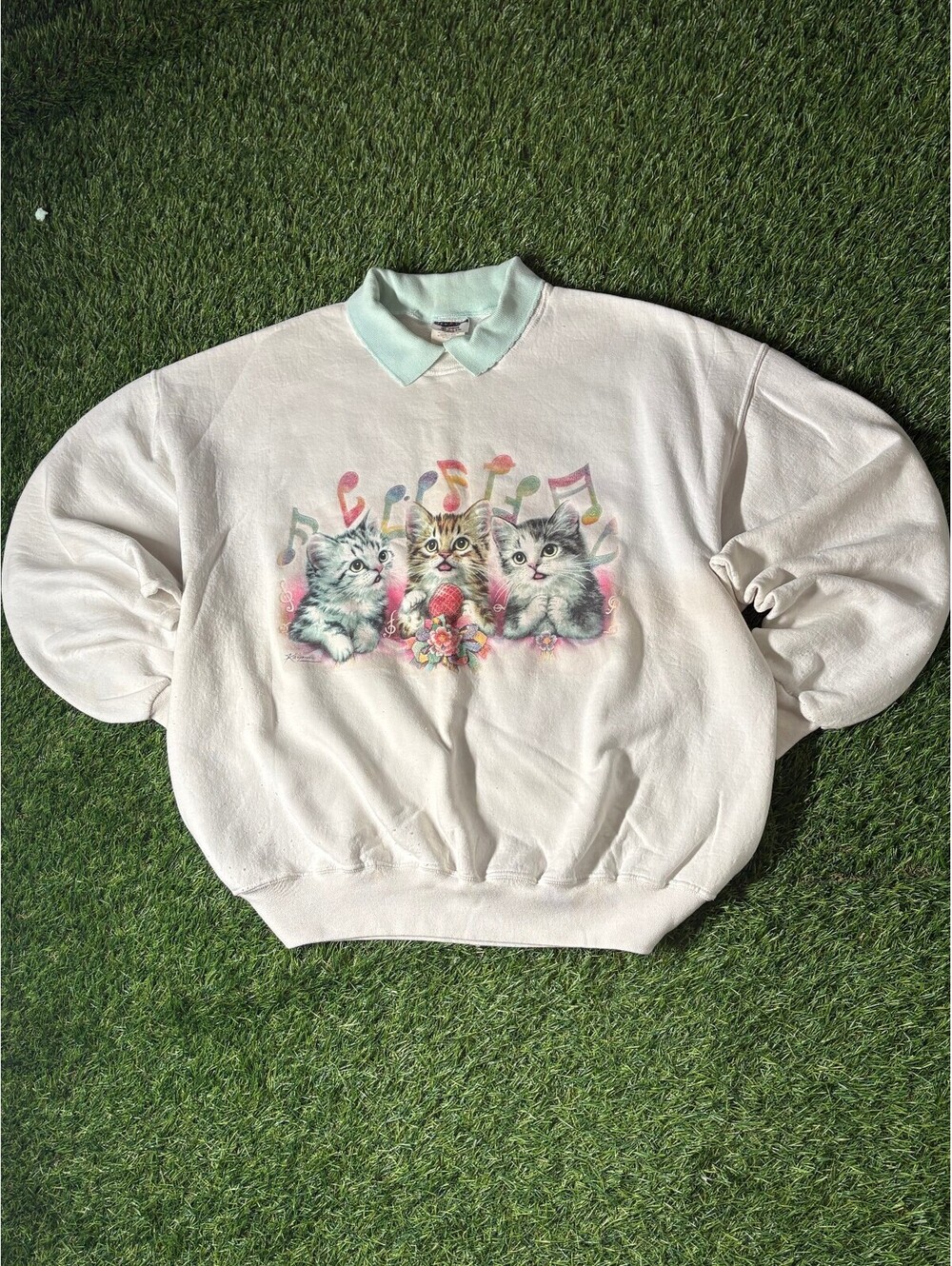 Vintage 80s Kitten Cat Sweatshirt Men Medium Blue Collar Sweater USA 100% Cotton